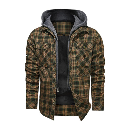 Men Long-sleeved Plaid Jacket Regular Fit Fleece Detachable Hoodies Jackets