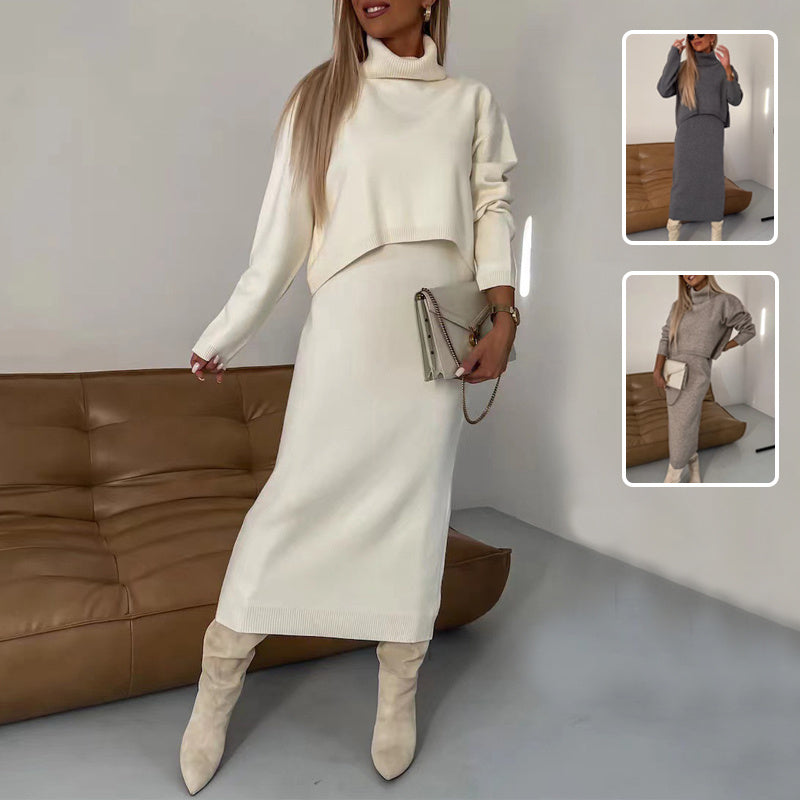 2pcs Sweater Suit Winter Fashion Turtleneck Pullover And Sleeveless Long Dress Womens Clothing