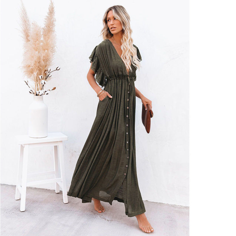 Solid Color Beach Cover-up Slubbed Fabric Button Waist Strap Long Dress Sun Protection Shirt